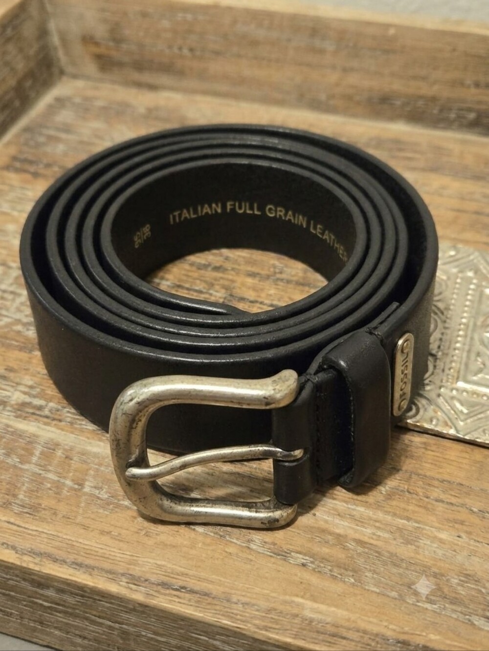Fossil Men’s Black Italian Full Grain Leather Belt Size 38 (MB4053) Vintage Hard